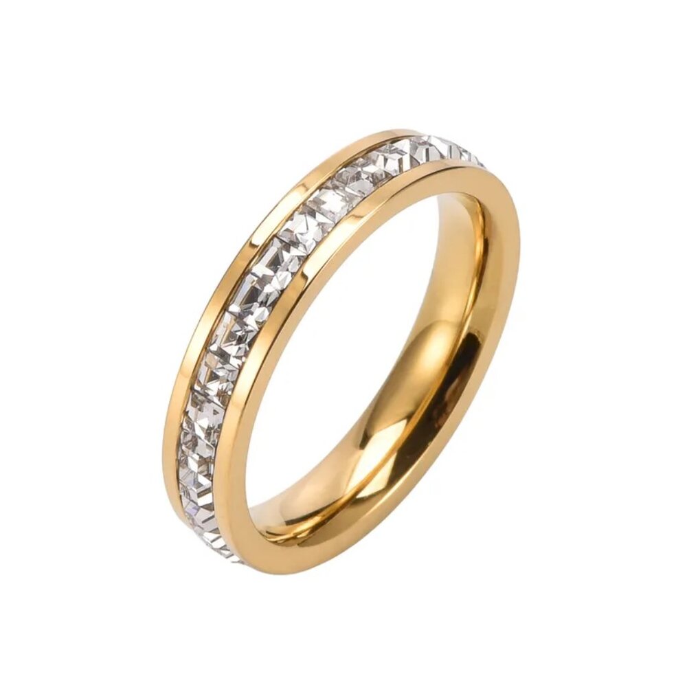 3/$35 18k Gold Plated Stainless Steel Band Ring Single Row Crystal Zirconia